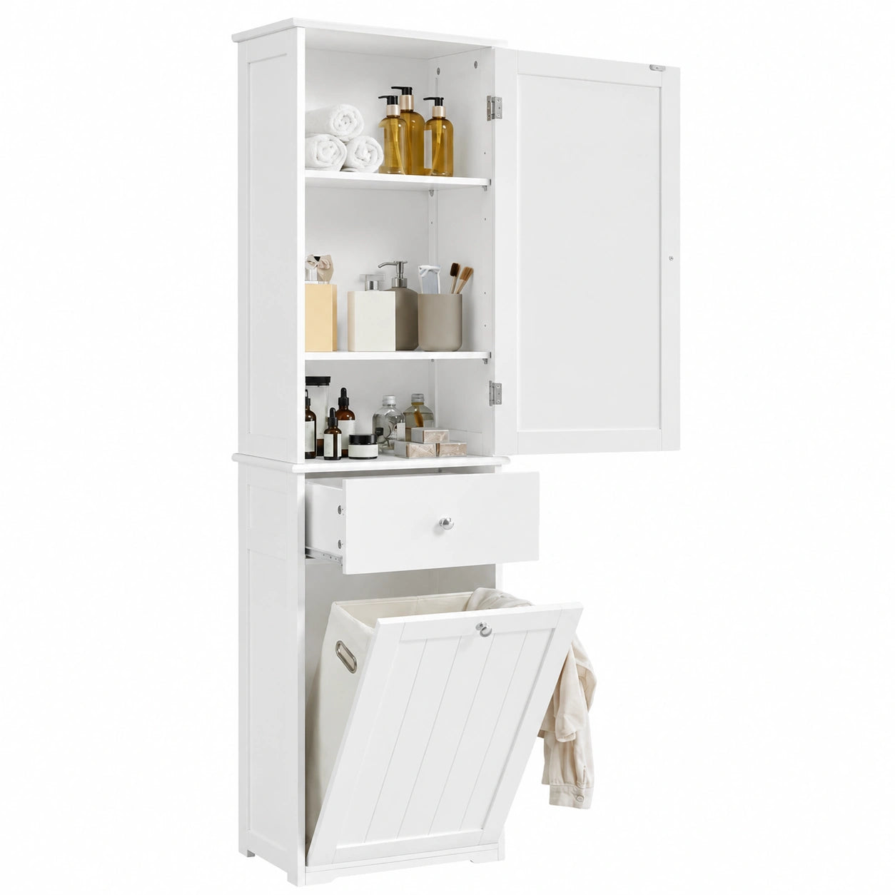Armario Alto de Baño con Estantes Ajustables y Cesta de Lavandería, 45x30x180 cm, Blanco