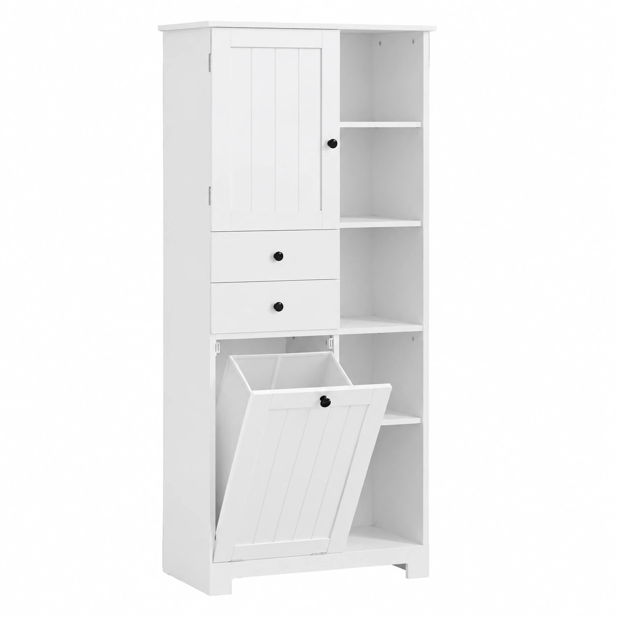 Armario de Baño Alto con Cesto para Ropa y Cajones, Blanco