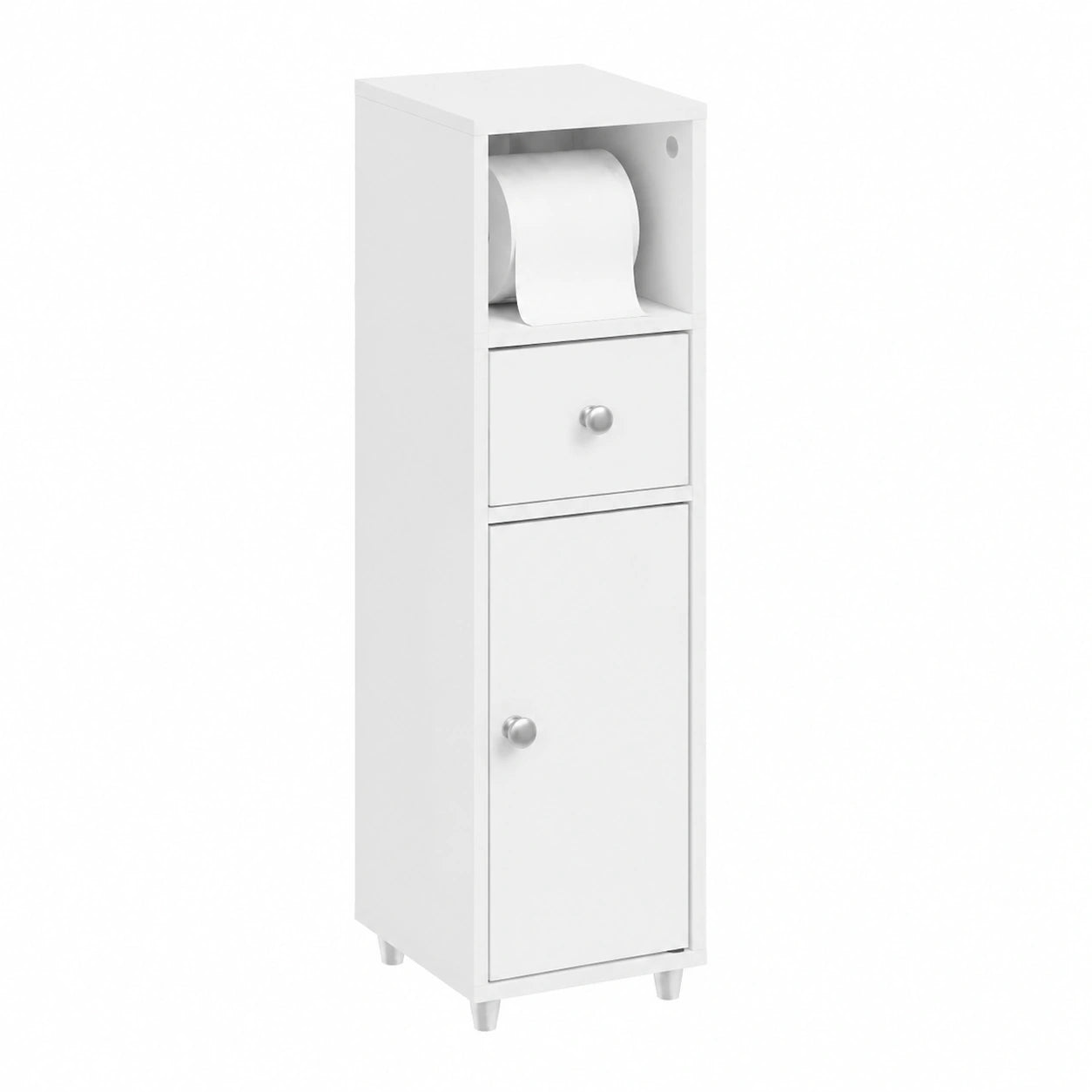 Armario Auxiliar de Baño Estrecho 20 cm con Almacenaje y Portarrollos - Blanco
