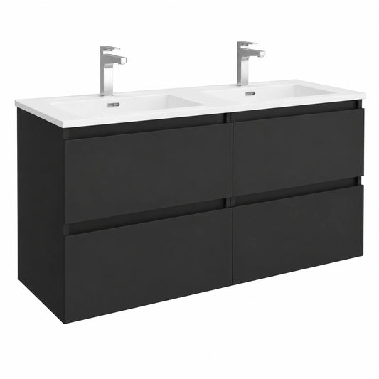 Mueble de baño Bequia 120 cm Negro Mate con Lavabo de Porcelana Blanca y 4 Cajones