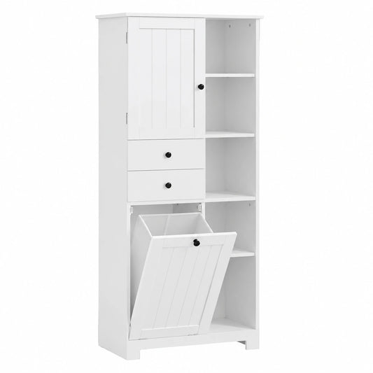 Armario de Baño Alto con Cesto para Ropa y Cajones, Blanco