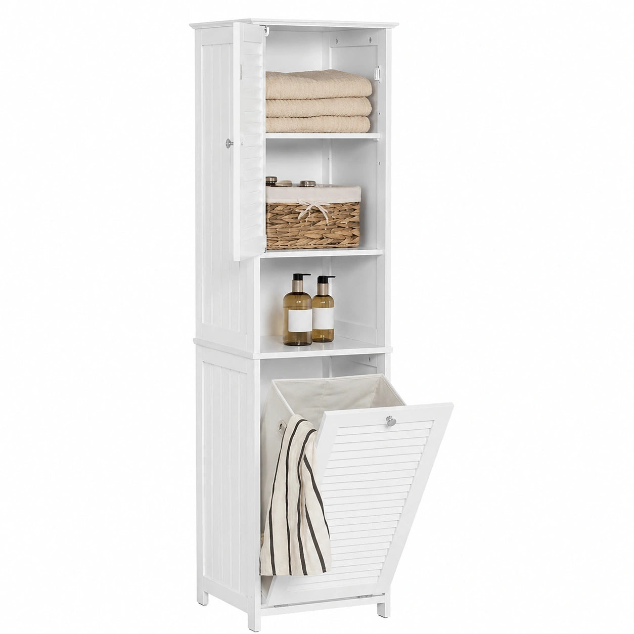 SoBuy Armario Columna para Baño con Cesto de Ropa y Estantería 40x170x38 cm Blanco