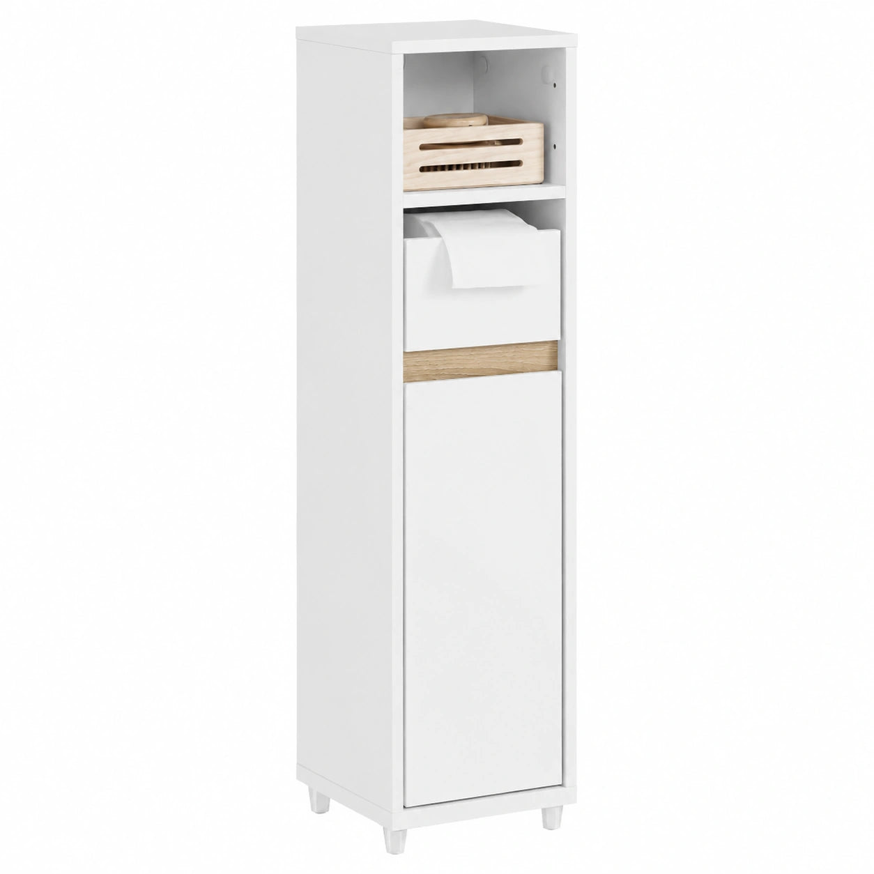 Armario de Baño Estrecho con Cajón y Estantes Ajustables, 20 cm de Fondo, Blanco