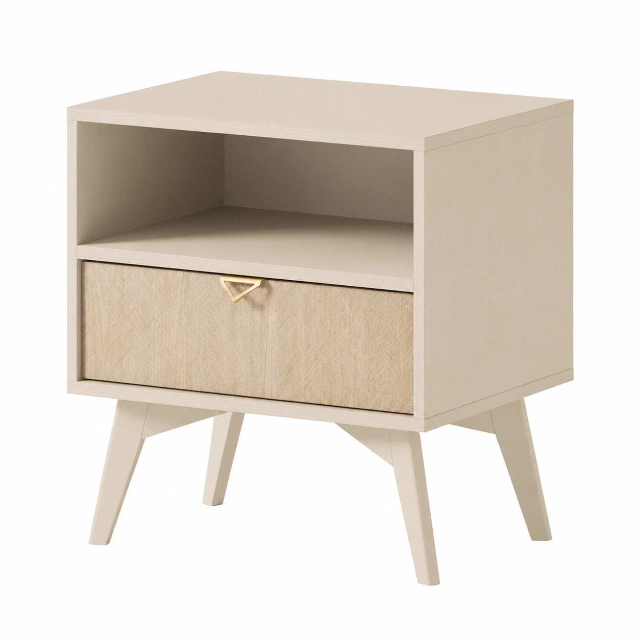 Mesa Auxiliar Beige de Eucalipto con Tiradores Dorados para Dormitorio