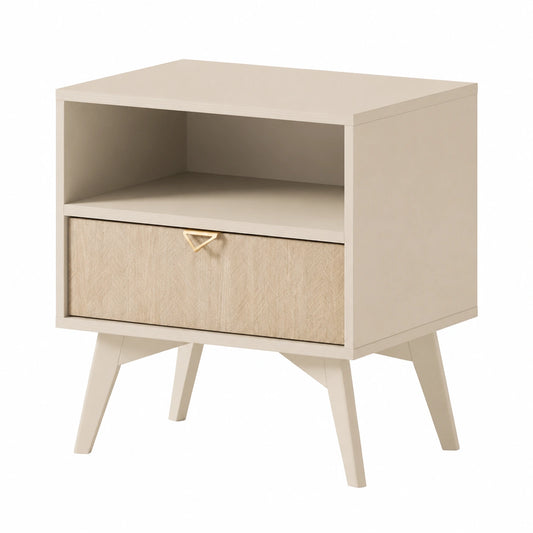 Mesa Auxiliar Beige de Eucalipto con Tiradores Dorados para Dormitorio