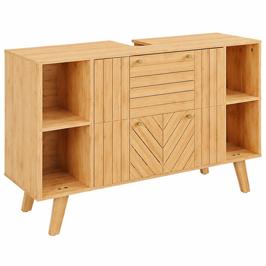 Armario Bajo Lavabo Vicco Lucie de Bambú, 100x65 cm, 2 Cajones, Ahorro de Espacio para Baño