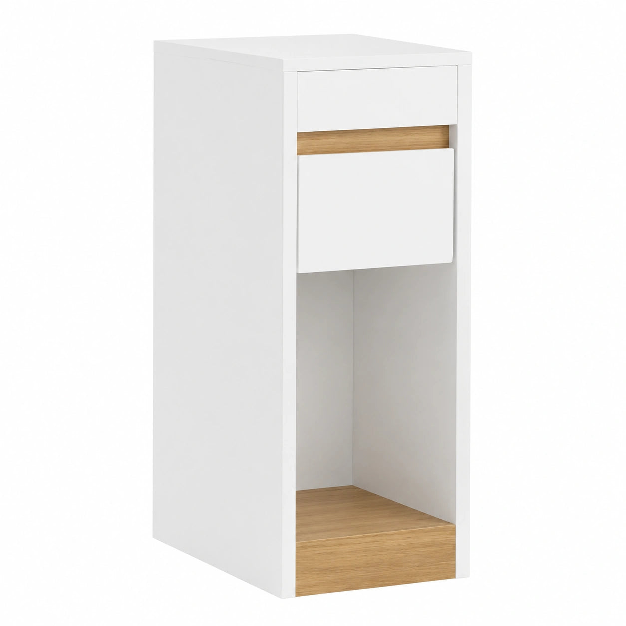Mesa Auxiliar Estrecha con Cajón y Estante, Blanca y Natural, 20 x 35 x 60 cm