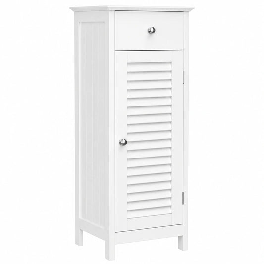 VASAGLE Armario de Baño de Madera Blanca con Puerta de Persiana y Cajón
