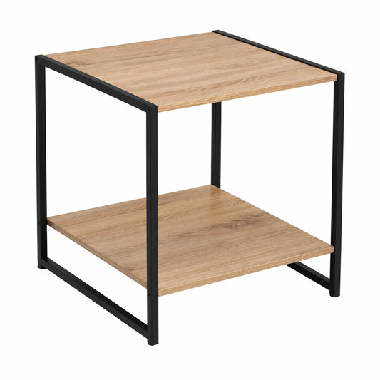 Mesa Auxiliar Negra con Tablero Natural y Estante Inferior, 50x50x50 cm