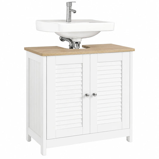 SoBuy Armario para Lavabo con Estantes Ajustables y Puerta Antimoho, Muebles de Baño en MDF, Blanco y Madera, 60x58x35cm