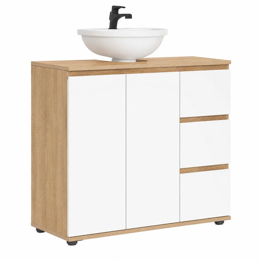 Mueble de lavabo de baño TOMI con armario y cajones, estilo haya-blanco