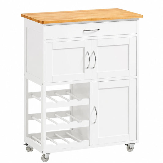 Carrito de Cocina Multifuncional con Ruedas y Botellero, Blanco